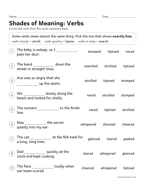 Preview of the printable “Shades of Meaning: verbs” worksheet: choosing among verbs with close meanings (walk, stroll, march, tiptoe)
