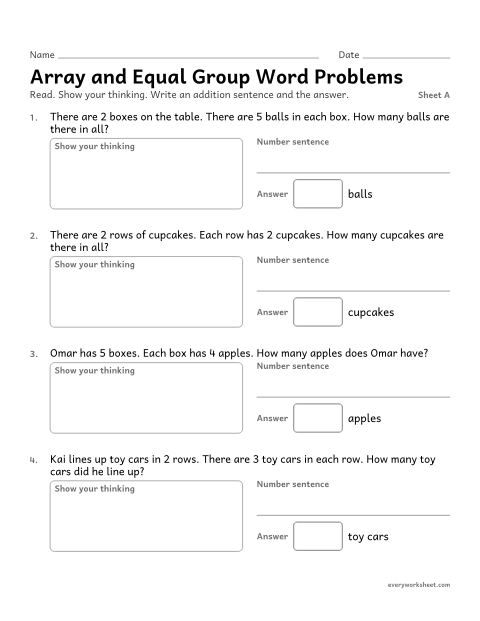 Preview of the printable “Array and equal group word Problems, sheet A” worksheet: solving array and equal group word problems with repeated addition