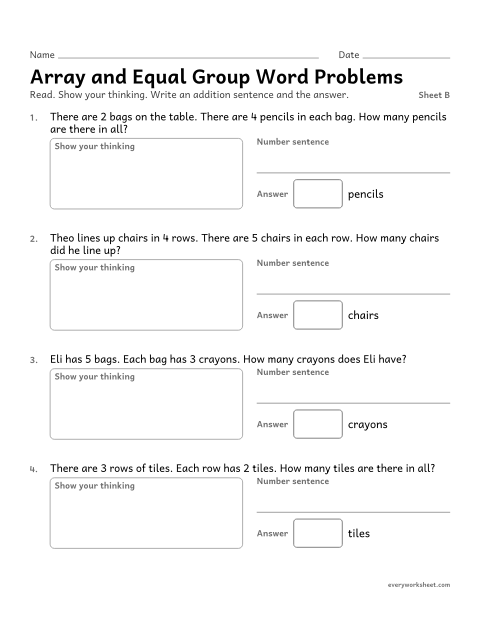 Preview of the printable “Array and equal group word Problems, sheet B” worksheet: solving array and equal group word problems with repeated addition