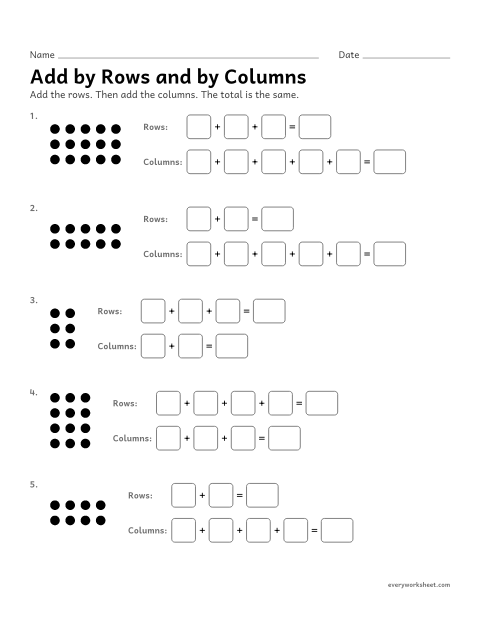 Preview of the printable “Add by rows and by columns” worksheet: adding an array by rows and by columns