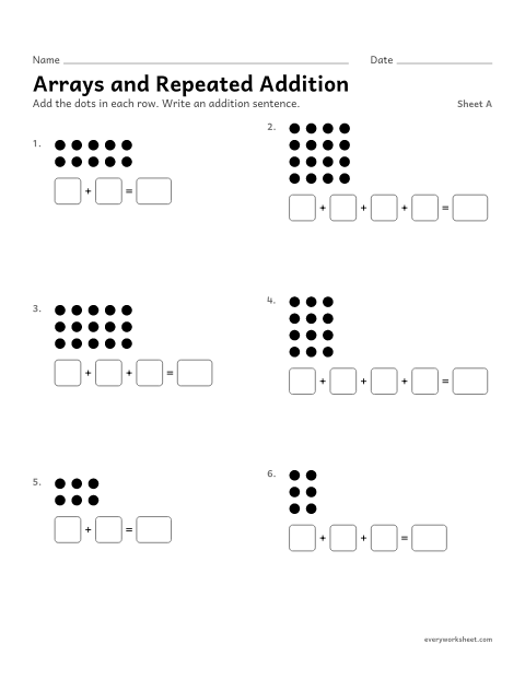 Preview of the printable “Arrays and repeated Addition, sheet A” worksheet: writing the total of an array as a sum of equal addends