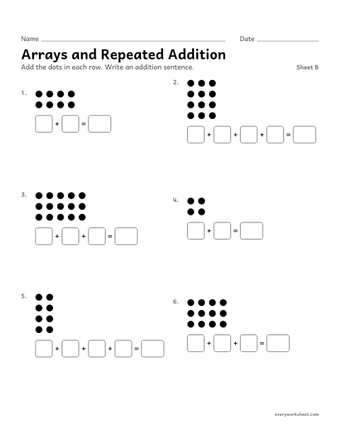 Preview of the printable “Arrays and repeated Addition, sheet B” worksheet: writing the total of an array as a sum of equal addends
