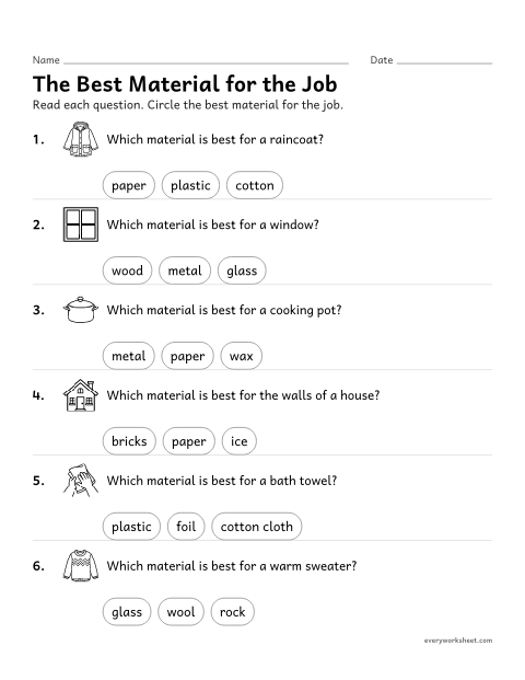 Preview of the printable “Best material for the job worksheet” worksheet: choosing the material whose properties best suit a purpose
