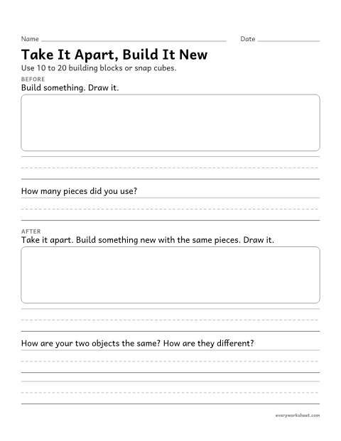 Preview of the printable “Take it apart and build something new worksheet” worksheet: taking apart an object made of pieces and using the pieces to build a new object