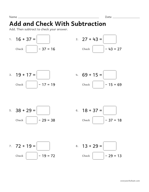 Preview of the printable “Add and check with subtraction” worksheet: using the relationship between addition and subtraction to check a sum