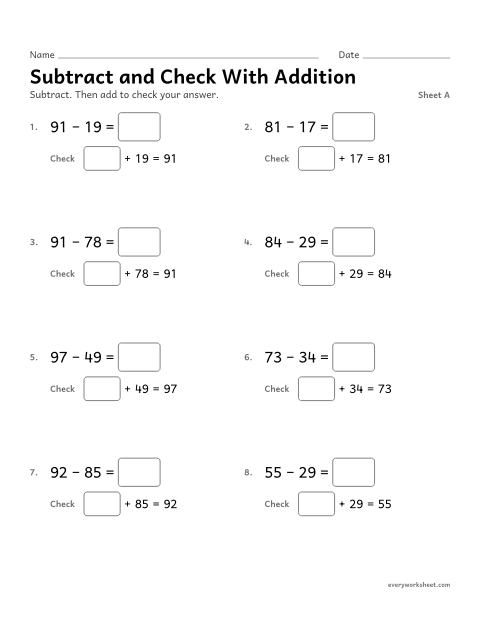 Preview of the printable “Subtract and check with Addition, sheet A” worksheet: using addition to check subtraction
