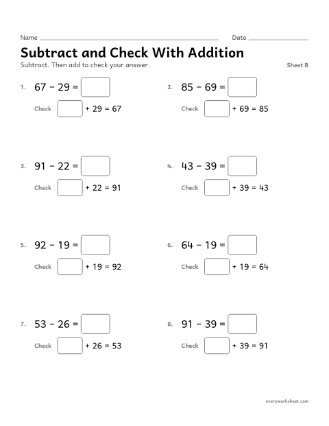 Preview of the printable “Subtract and check with Addition, sheet B” worksheet: using addition to check subtraction