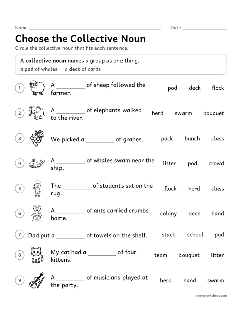 Preview of the printable “Choose the collective noun” worksheet: choosing the right collective noun for a group