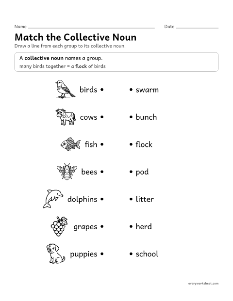 Preview of the printable “Match the collective noun” worksheet: matching groups of animals and things to their collective nouns
