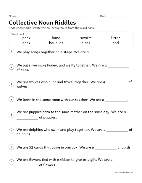 Preview of the printable “Collective noun riddles” worksheet: solving riddles about collective nouns