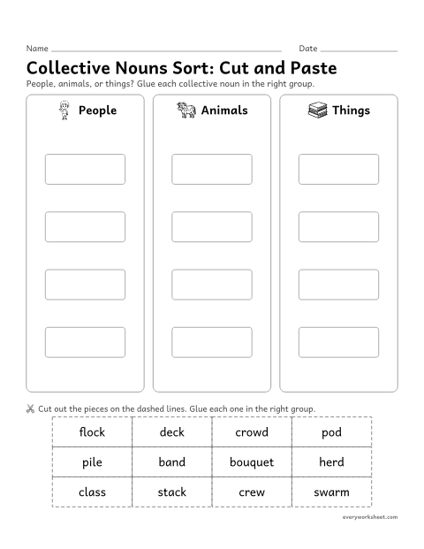 Preview of the printable “Collective nouns Sort: cut and paste” worksheet: sorting collective nouns into groups of people, animals and things