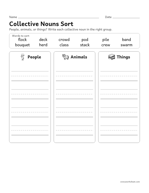 Preview of the printable “Collective nouns sort” worksheet: sorting collective nouns into groups of people, animals and things