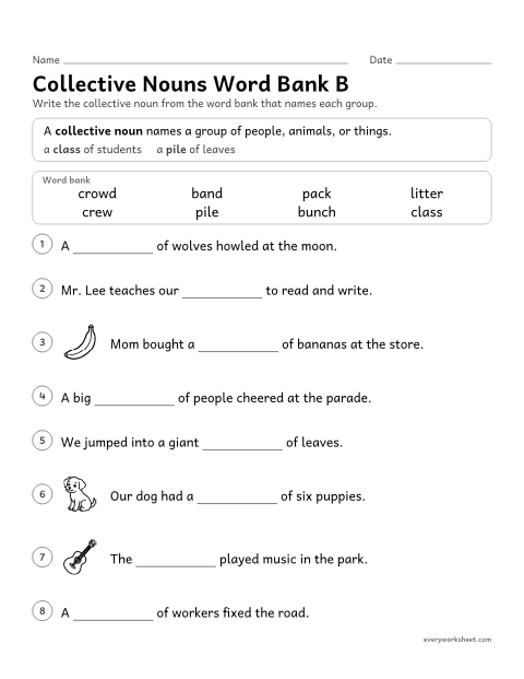 Preview of the printable “Collective nouns word bank B” worksheet: using a word bank to complete sentences with collective nouns