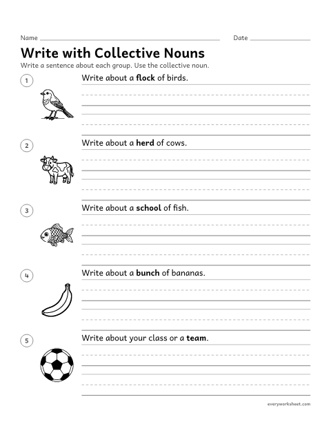 Preview of the printable “Write with collective nouns” worksheet: writing sentences that use collective nouns