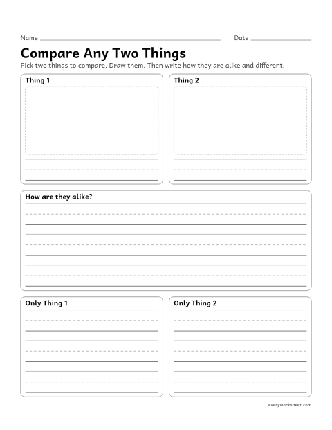 Preview of the printable “Compare any two things” worksheet: comparing any two things, characters or texts