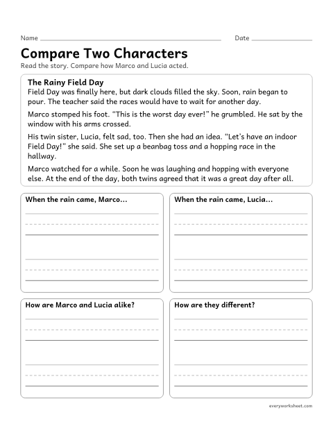 Preview of the printable “Compare two characters” worksheet: comparing how two characters respond to the same event