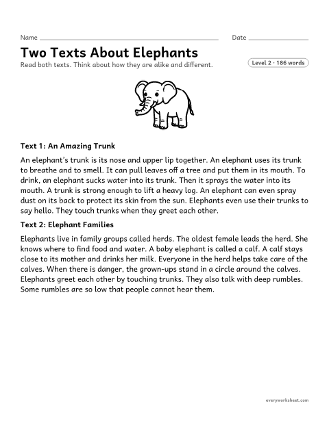 Preview of the printable “Two texts about elephants” worksheet: comparing the most important points of two texts on the same topic