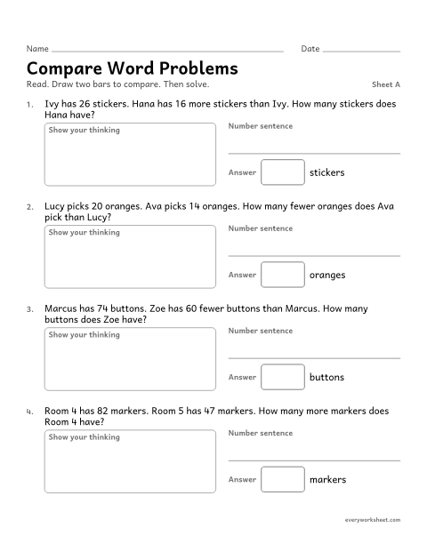 Preview of the printable “Compare word Problems, sheet A” worksheet: solving compare word problems within 100