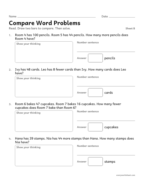 Preview of the printable “Compare word Problems, sheet B” worksheet: solving compare word problems within 100