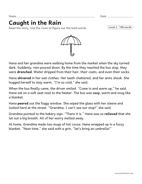 Preview of the printable “Caught in the rain” worksheet: using context clues in a story to figure out the meaning of new words