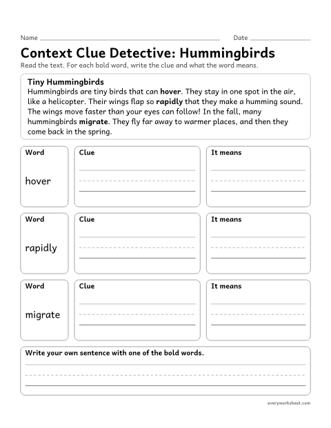 Preview of the printable “Context clue Detective: hummingbirds” worksheet: finding the clue for each new word in a nonfiction text and writing its meaning