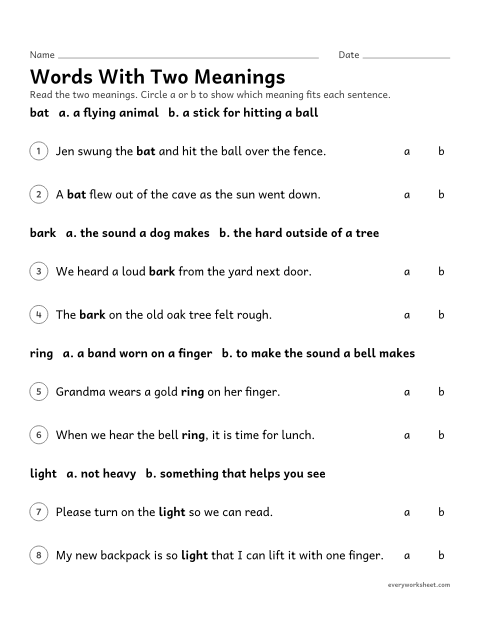 Preview of the printable “Words with two meanings” worksheet: using context to choose the right meaning of a multiple-meaning word