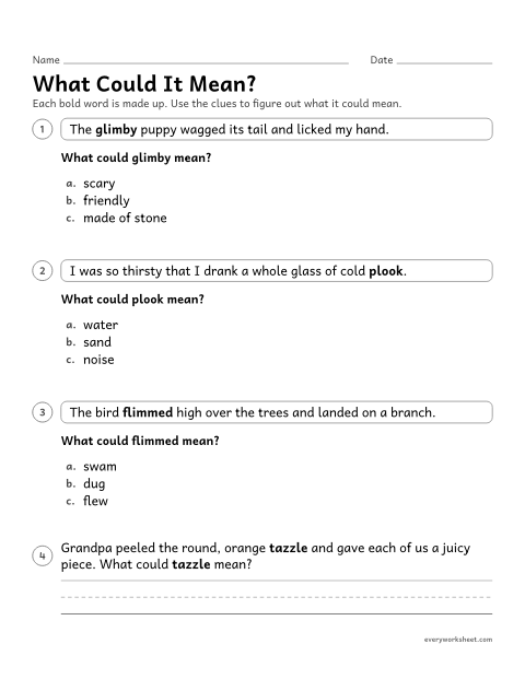 Preview of the printable “What could it Mean?” worksheet: using context clues to figure out the meaning of a made-up word