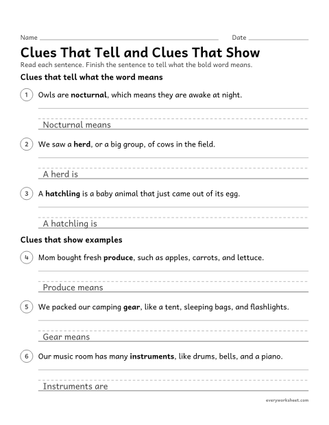 Preview of the printable “Clues that tell and clues that show” worksheet: using a meaning told in the sentence or a list of examples to figure out a word