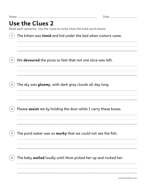 Preview of the printable “Use the clues 2” worksheet: writing the meaning of a new word using clues in the sentence