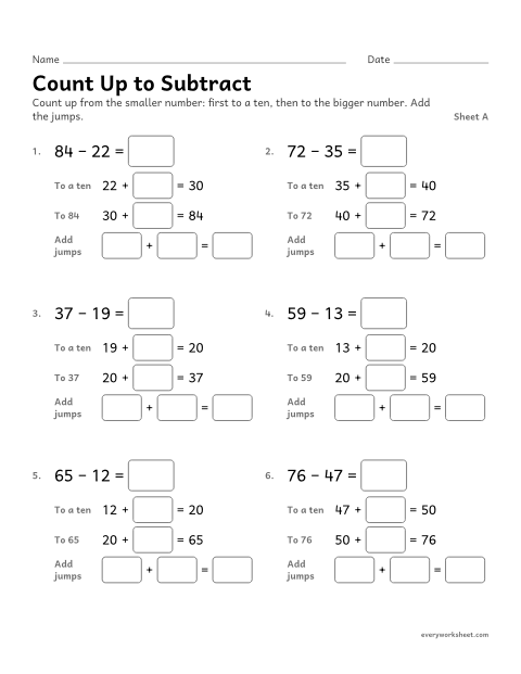 Preview of the printable “Count up to Subtract, sheet A” worksheet: subtracting by counting up (the relationship between addition and subtraction)