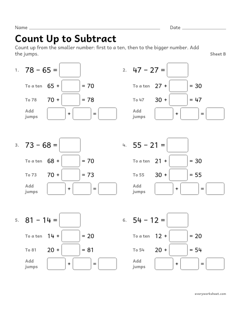 Preview of the printable “Count up to Subtract, sheet B” worksheet: subtracting by counting up (the relationship between addition and subtraction)