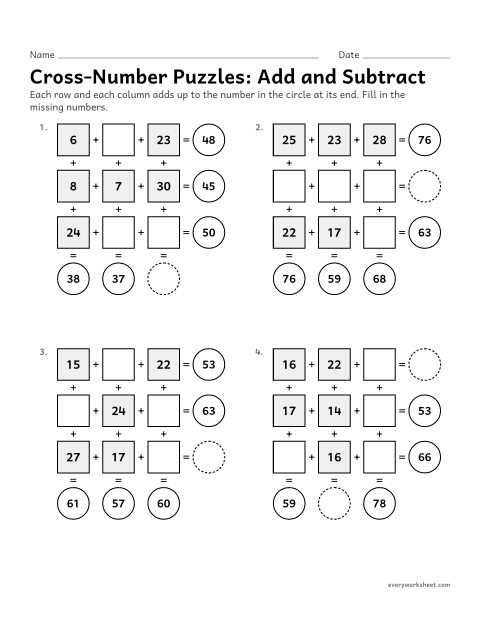 Preview of the printable “Cross-Number Puzzles: add and subtract” worksheet: adding and subtracting 2-digit numbers to complete cross-number puzzles