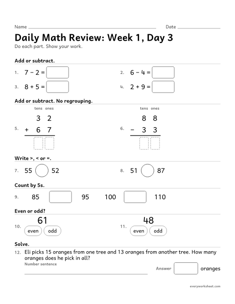 Preview of the printable “Daily math Review: week 1, day 3” worksheet: mixed 2nd grade math review