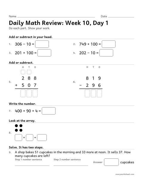 Preview of the printable “Daily math Review: week 10, day 1” worksheet: mixed 2nd grade math review