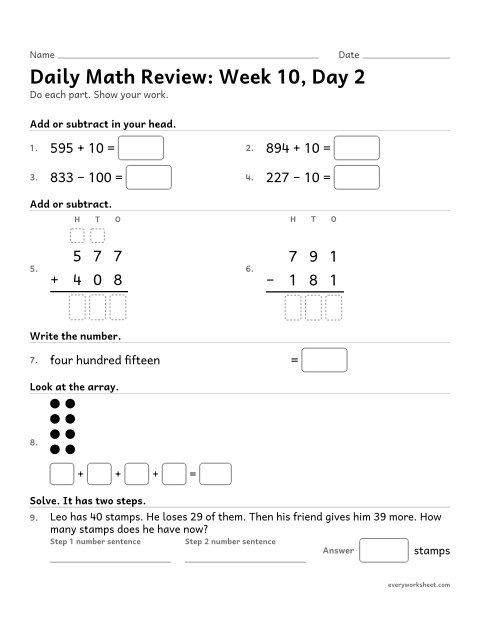 Preview of the printable “Daily math Review: week 10, day 2” worksheet: mixed 2nd grade math review