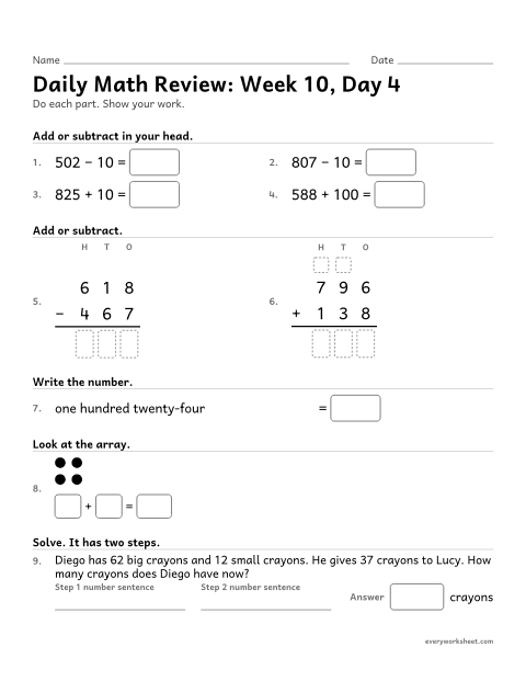 Preview of the printable “Daily math Review: week 10, day 4” worksheet: mixed 2nd grade math review