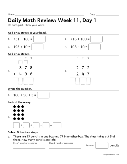 Preview of the printable “Daily math Review: week 11, day 1” worksheet: mixed 2nd grade math review