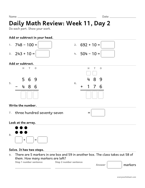 Preview of the printable “Daily math Review: week 11, day 2” worksheet: mixed 2nd grade math review