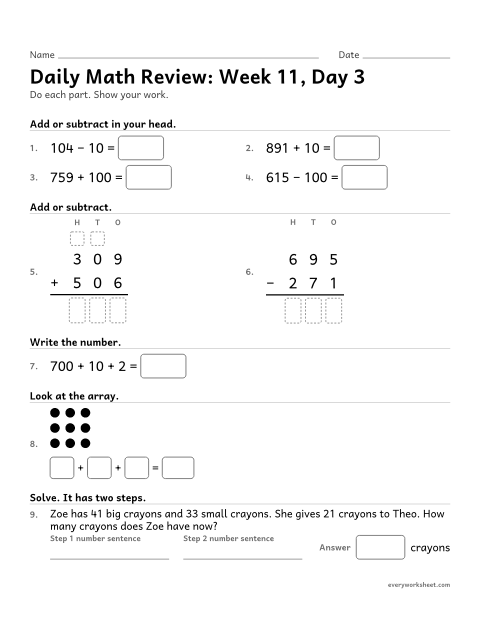 Preview of the printable “Daily math Review: week 11, day 3” worksheet: mixed 2nd grade math review