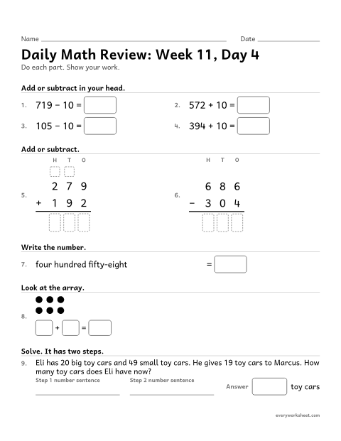 Preview of the printable “Daily math Review: week 11, day 4” worksheet: mixed 2nd grade math review