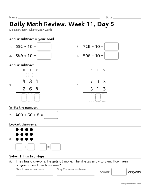 Preview of the printable “Daily math Review: week 11, day 5” worksheet: mixed 2nd grade math review
