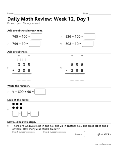 Preview of the printable “Daily math Review: week 12, day 1” worksheet: mixed 2nd grade math review