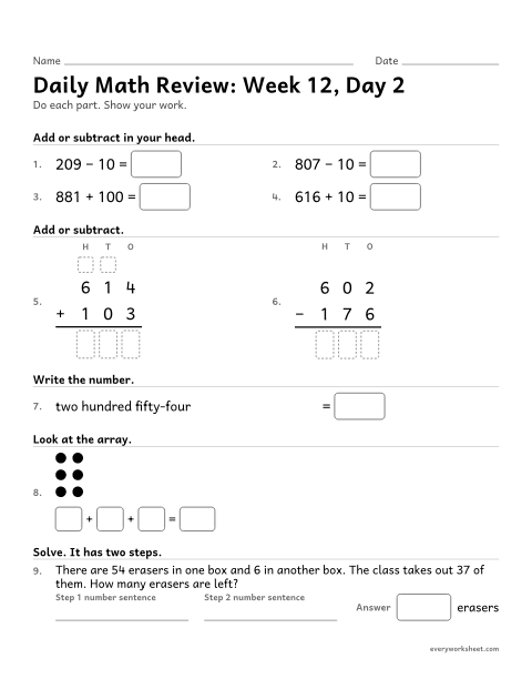 Preview of the printable “Daily math Review: week 12, day 2” worksheet: mixed 2nd grade math review