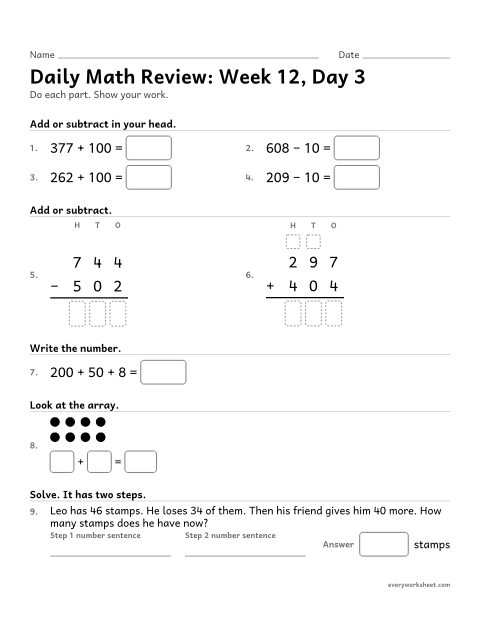 Preview of the printable “Daily math Review: week 12, day 3” worksheet: mixed 2nd grade math review