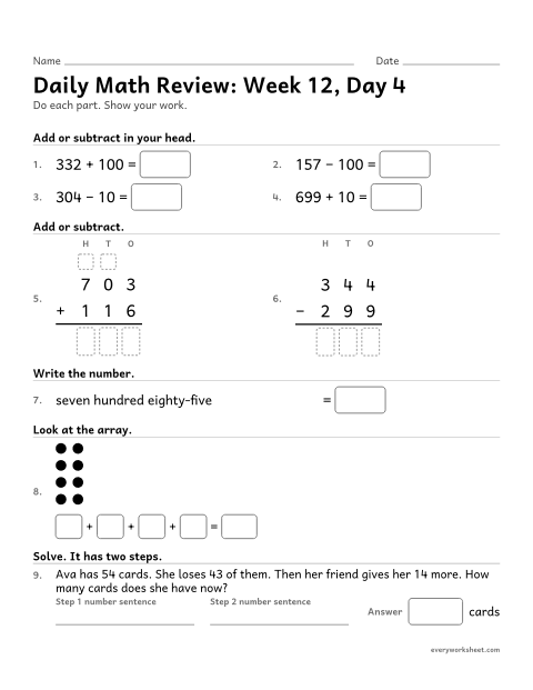 Preview of the printable “Daily math Review: week 12, day 4” worksheet: mixed 2nd grade math review