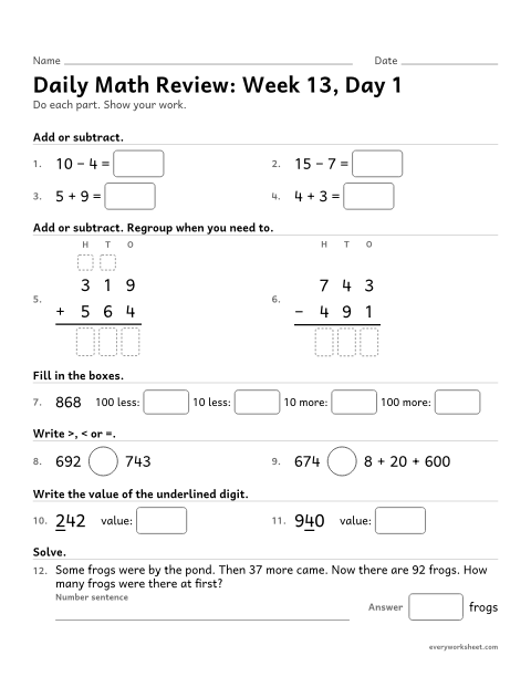 Preview of the printable “Daily math Review: week 13, day 1” worksheet: mixed 2nd grade math review