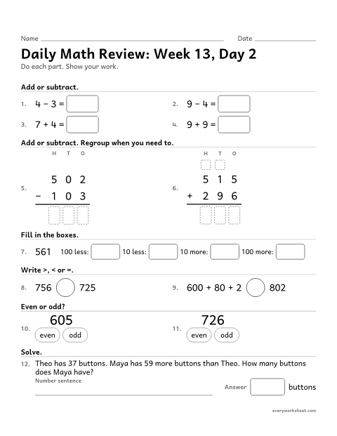 Preview of the printable “Daily math Review: week 13, day 2” worksheet: mixed 2nd grade math review