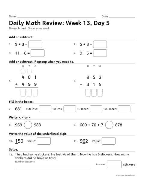Preview of the printable “Daily math Review: week 13, day 5” worksheet: mixed 2nd grade math review