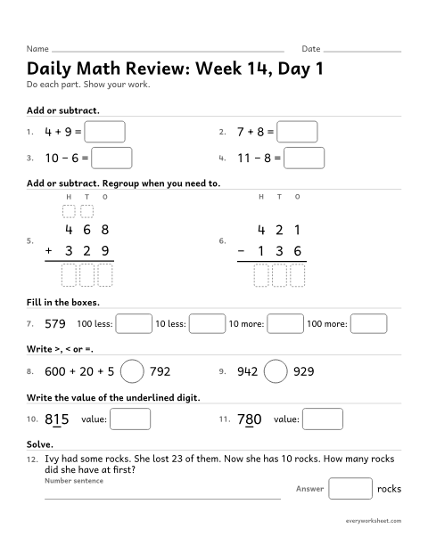 Preview of the printable “Daily math Review: week 14, day 1” worksheet: mixed 2nd grade math review