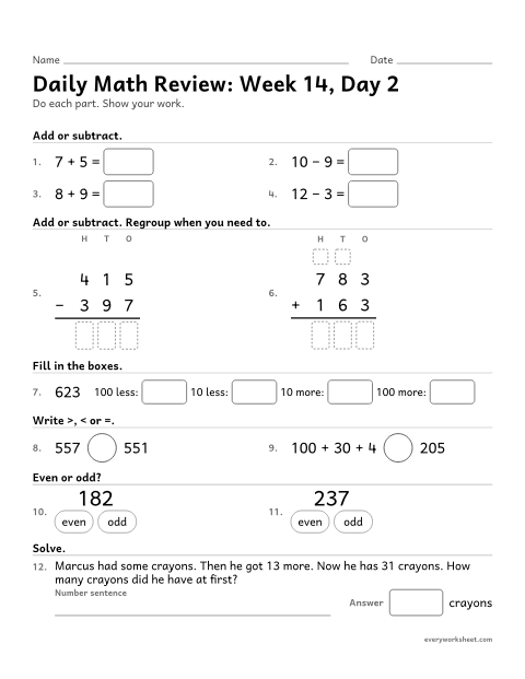 Preview of the printable “Daily math Review: week 14, day 2” worksheet: mixed 2nd grade math review